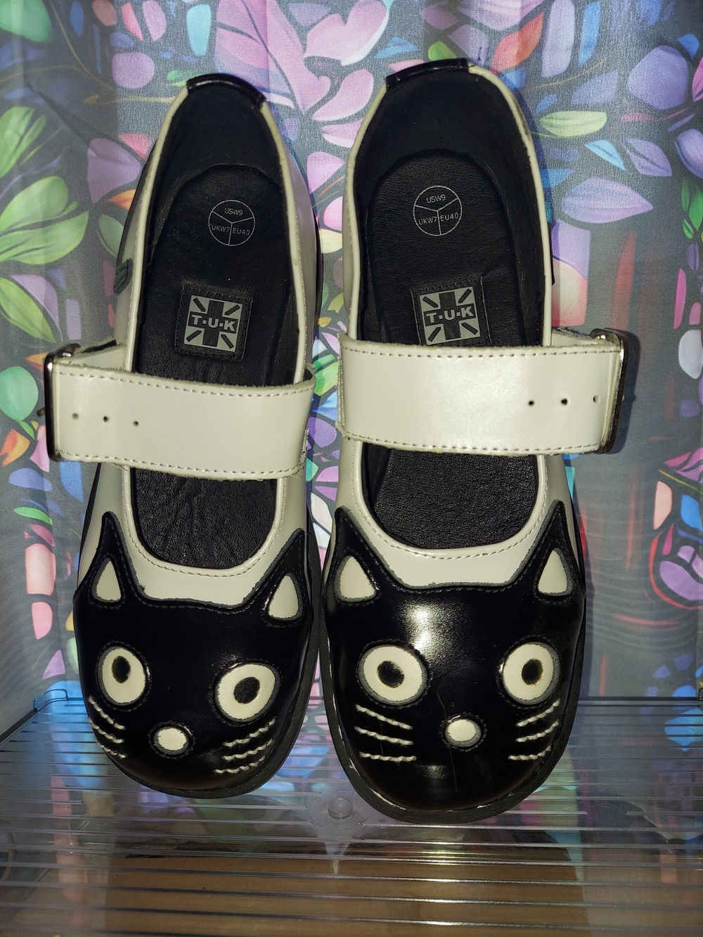 T.U.K Womens Black & White Cat Mary Jane Shoes Size 9 - Picture 2 of 16